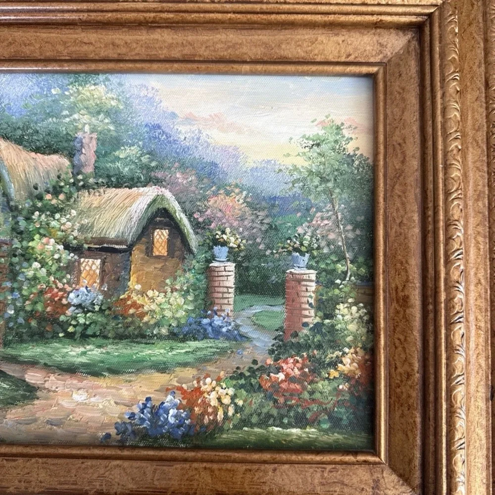 Signed Original Oil Painting Cottage Landscape Storybook House Floral 15x13 - Picture 3 of 6